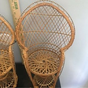 Vintage Cane Wicker Peacock Doll Teddy Plush Bear Chairs Retro Boho 17” SOLD